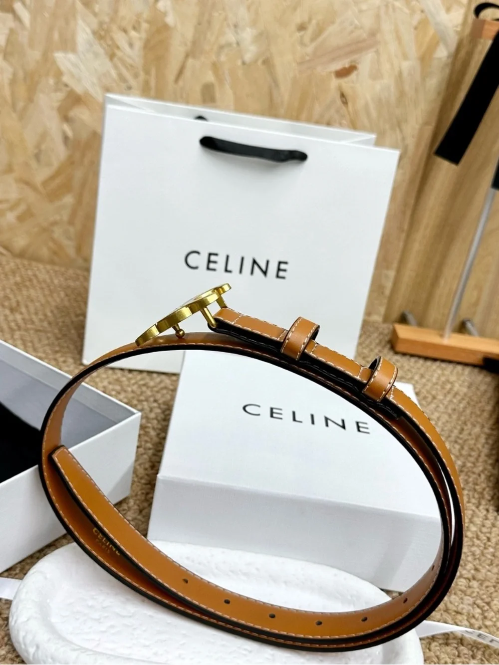 Celine. Gold Tone Triomphe. Buckle Brown Belt